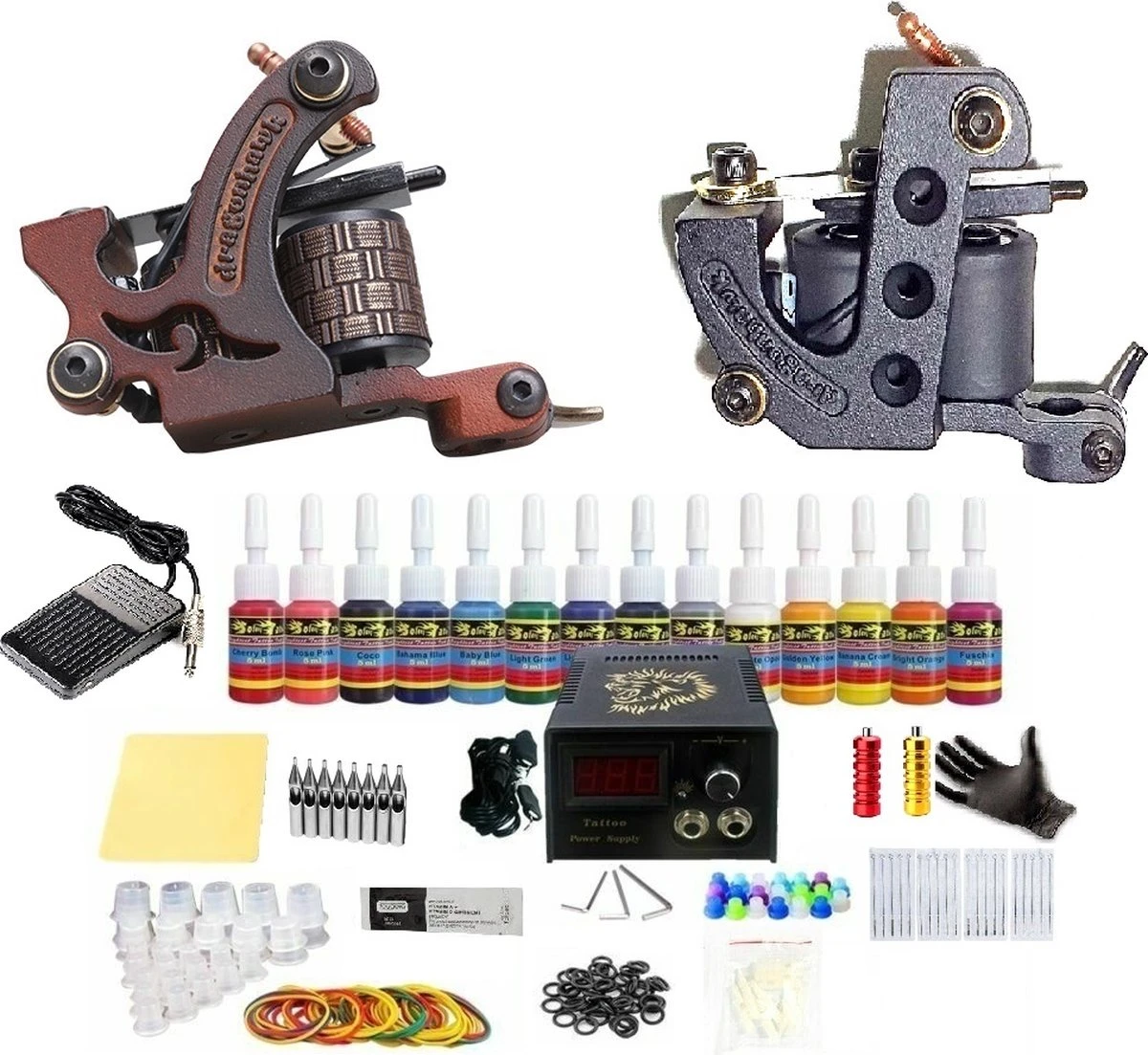 Complete Tattoo Set Met 2 Machines, 14 Tattoo Inkt, 20 Tatoeage Naalden, 50 Inktcups 3 Complete Tattoo Set Met 2 Machines, 14 Tattoo Inkt, 20 Tatoeage Naalden, 50 Inktcups