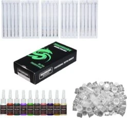AANBIEDING! Set Van 10x Tatoeage Inkt, 20x Tattoo Naalden En 50x Inktcups
