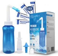 Novabeau Neusdouche Met 15 Extra Zoutzakjes En Neusspray - Neusspoeler Van 300 Ml Voor Hooikoorts En Verstopte Neus – Neusreiniger Voor Volwassenen En Kinderen – Neuspomp – Neti Pot