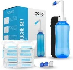 QOSO Neusdouche Met 2X Neusspray | 80 Zakjes Nasaal Spoelzout | 4 Opzetstukken | 300 ML Neusdouche Volwassenen | Neusspoeler | Neusreiniger Met Reistasje| Neusspray