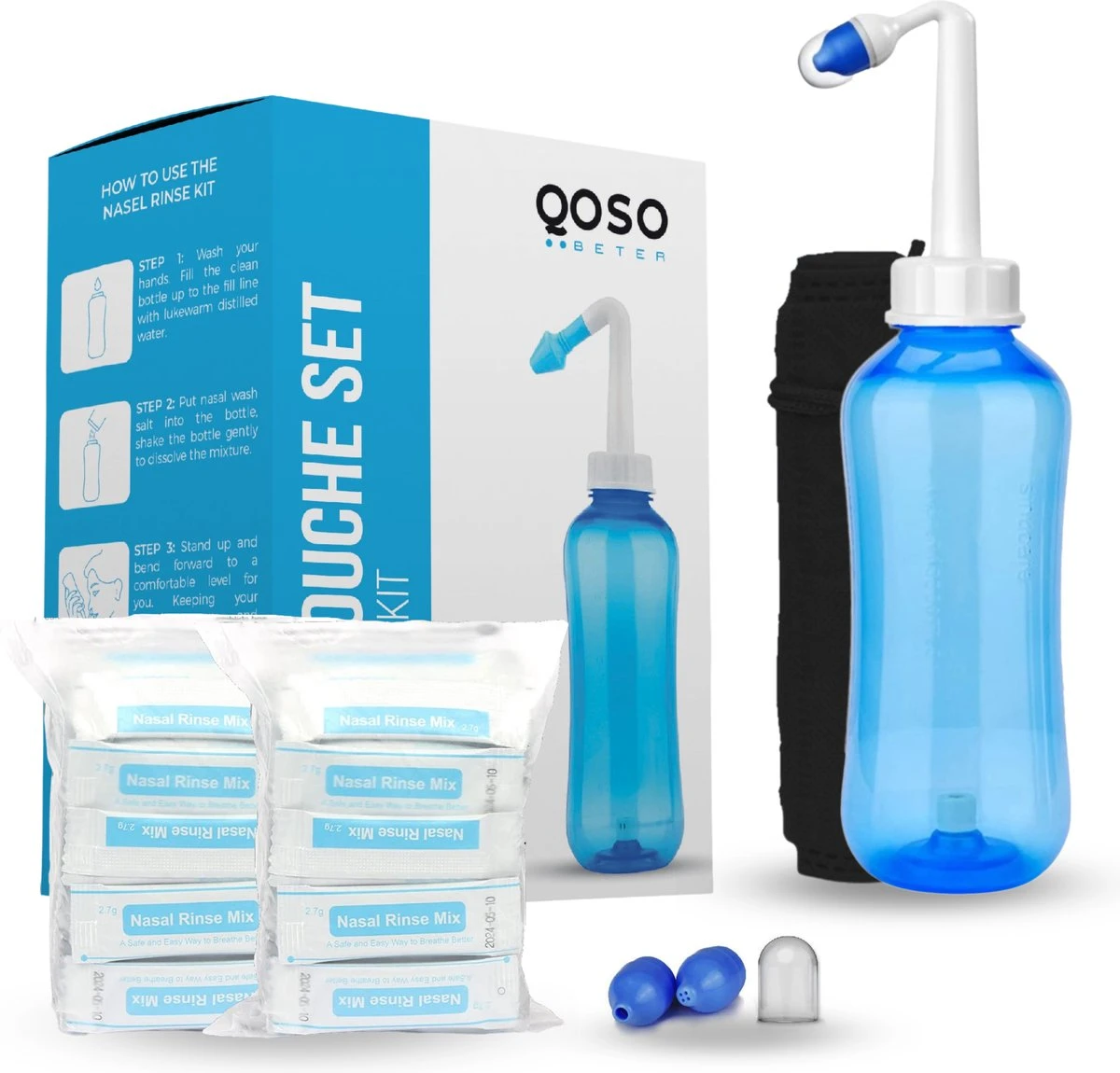 QOSO Neusdouche Met 2X Neusspray | 80 Zakjes Nasaal Spoelzout | 4 Opzetstukken | 300 ML Neusdouche Volwassenen | Neusspoeler | Neusreiniger Met Reistasje| Neusspray 3 QOSO Neusdouche Met 2X Neusspray | 80 Zakjes Nasaal Spoelzout | 4 Opzetstukken | 300 ML Neusdouche Volwassenen | Neusspoeler | Neusreiniger Met Reistasje| Neusspray