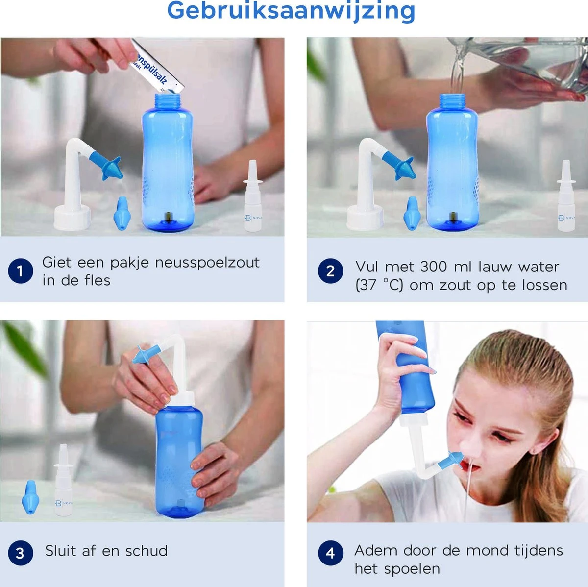 Novabeau Neusdouche Met 15 Extra Zoutzakjes En Neusspray - Neusspoeler Van 300 Ml Voor Hooikoorts En Verstopte Neus – Neusreiniger Voor Volwassenen En Kinderen – Neuspomp – Neti Pot 6 Novabeau Neusdouche Met 15 Extra Zoutzakjes En Neusspray - Neusspoeler Van 300 Ml Voor Hooikoorts En Verstopte Neus – Neusreiniger Voor Volwassenen En Kinderen – Neuspomp – Neti Pot - Afbeelding 4