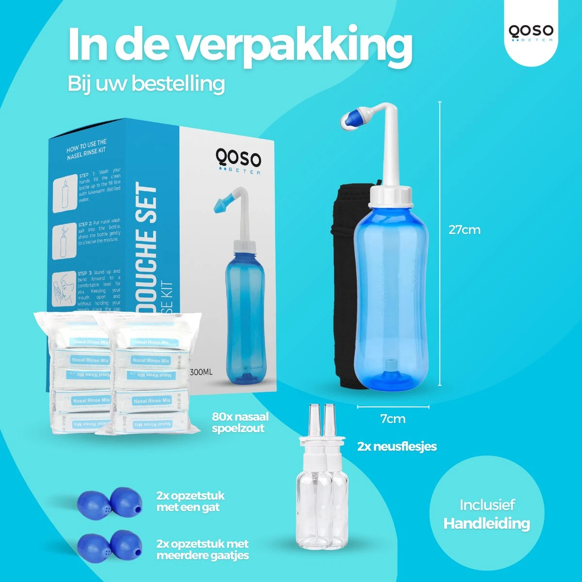 QOSO Neusdouche Met 2X Neusspray | 80 Zakjes Nasaal Spoelzout | 4 Opzetstukken | 300 ML Neusdouche Volwassenen | Neusspoeler | Neusreiniger Met Reistasje| Neusspray 4 QOSO Neusdouche Met 2X Neusspray | 80 Zakjes Nasaal Spoelzout | 4 Opzetstukken | 300 ML Neusdouche Volwassenen | Neusspoeler | Neusreiniger Met Reistasje| Neusspray - Afbeelding 2