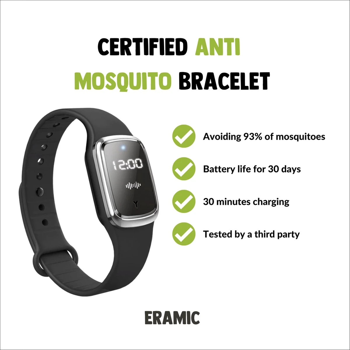 Eramic - Anti Muggen Armband Met Klok - Gratis Verzending & Oplader - Volwassenen & Kinderen - Navy Zwart - Ultrasonic 7 Eramic - Anti Muggen Armband Met Klok - Gratis Verzending & Oplader - Volwassenen & Kinderen - Navy Zwart - Ultrasonic - Afbeelding 5