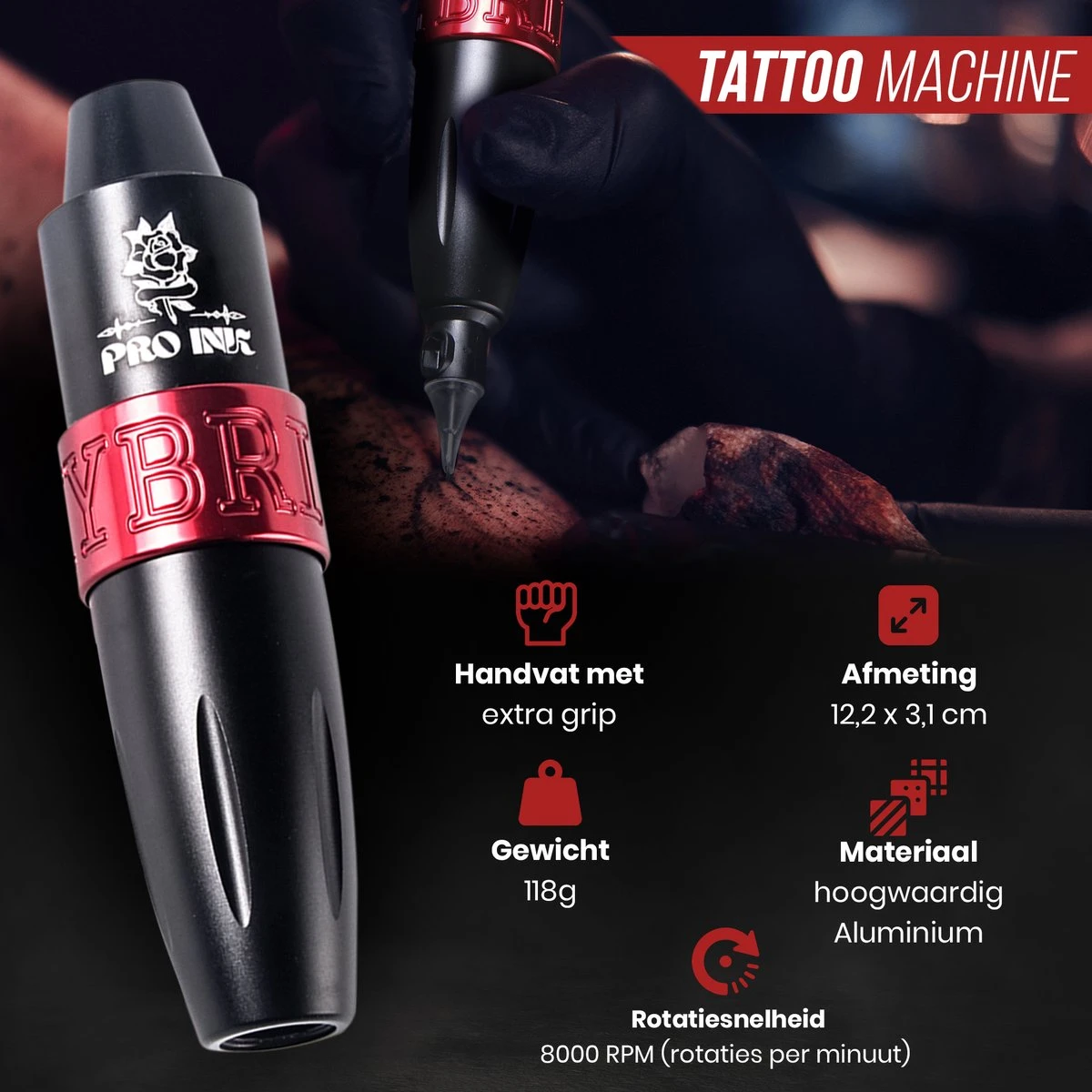 PRO INK® Professionele Tattoo Machine Met 20 Naalden – Compleet Tatoeage Starters Set - Tattoo Pen - Rotary Tattoo Machine - Zwart/Rood 10 PRO INK® Professionele Tattoo Machine Met 20 Naalden – Compleet Tatoeage Starters Set - Tattoo Pen - Rotary Tattoo Machine - Zwart/Rood - Afbeelding 8